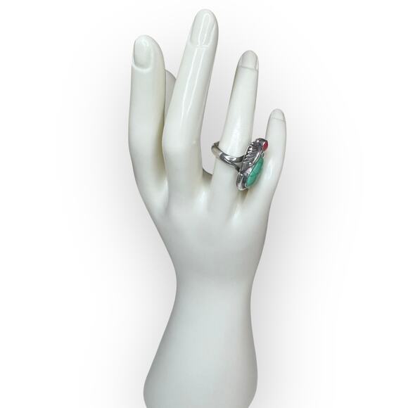 Vintage Navajo Style Sterling Silver Ring Turquoise & Coral Stones Size 7 - Picture 3 of 8